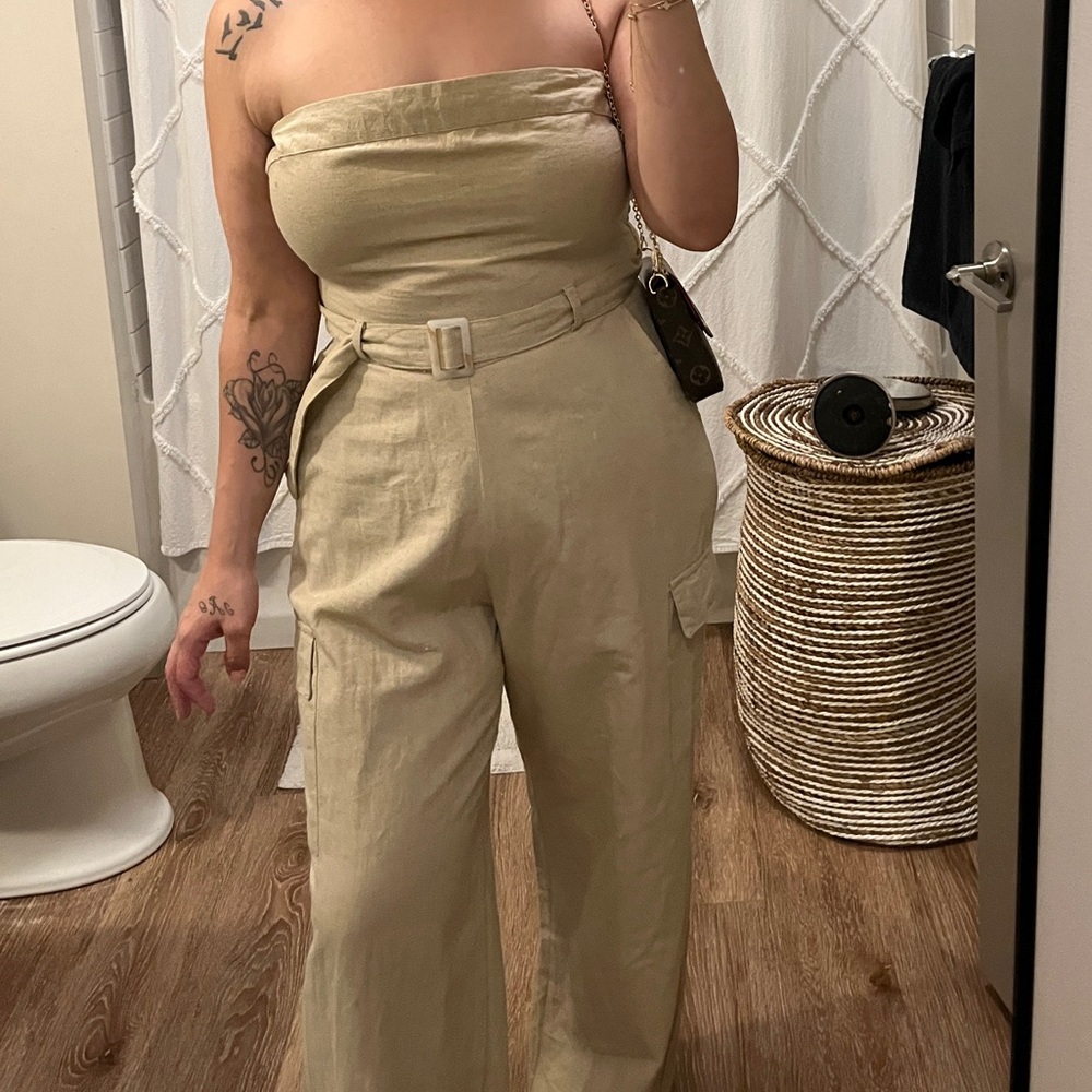 Tan Flared Cargo Jumpsuit